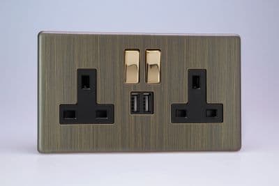 Varilight XDY5U2SBS.AB Urban Screwless Antique Brass 2 Gang 13A Single Pole Switched USB Socket