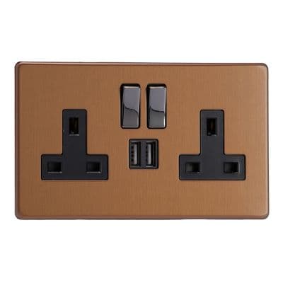 Varilight XDY5U2SBS.BZ Screwless Brushed Bronze 2 Gang Double 13A Switched Plug Socket 2.1A USB