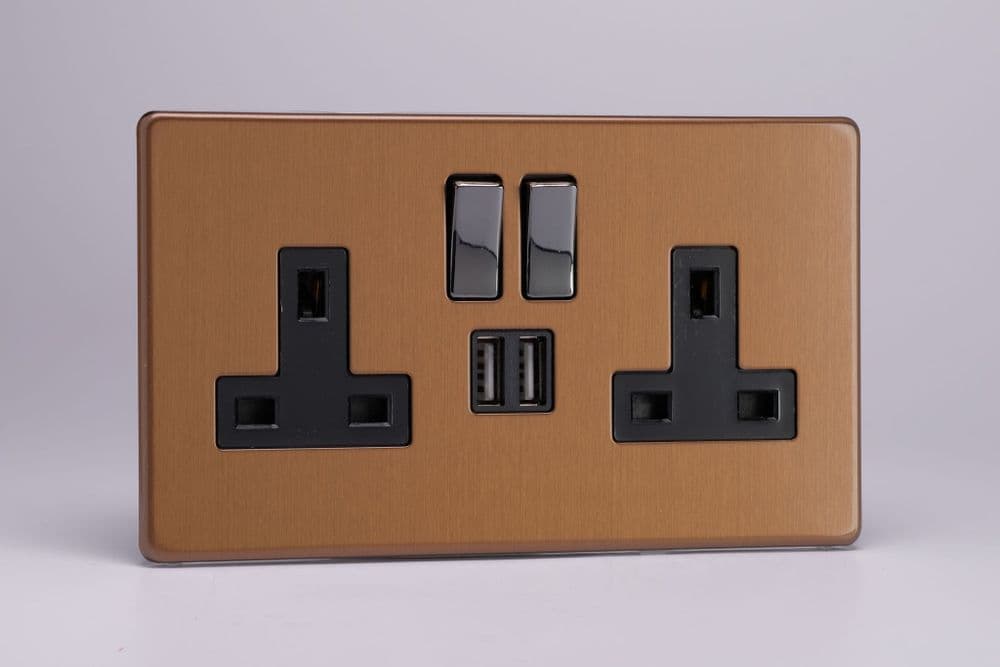 Varilight XDY5U2SBS.BZ Screwless Brushed Bronze 2 Gang Double 13A Switched Plug Socket 2.1A USB
