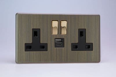 Varilight XDY5UACBS.AB Urban Screwless Antique Brass 2 Gang Double 13A Plug Socket 3.1A 20W USB A+C