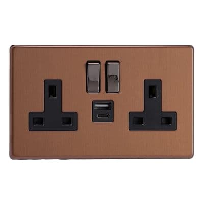 Varilight XDY5UACBS.BZ Screwless Brushed Bronze 2 Gang Double 13A Plug Socket 3.1A 20W USB A + C