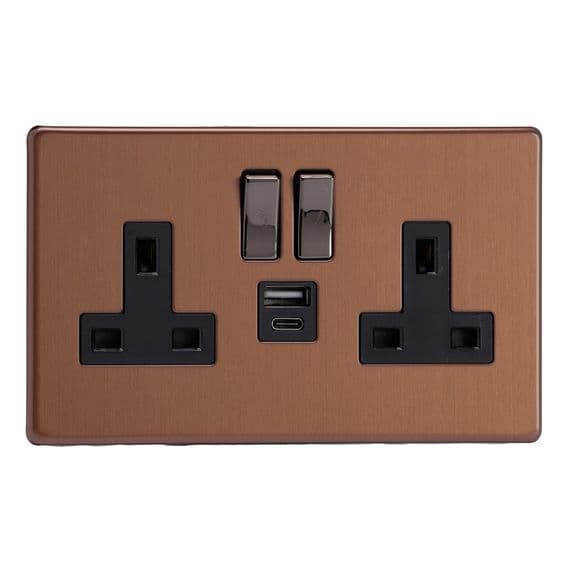 Varilight XDY5UACBS.BZ Screwless Brushed Bronze 2 Gang Double 13A Plug Socket 3.1A 20W USB A + C