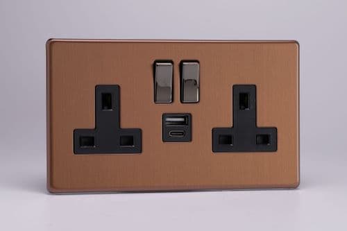 Varilight XDY5UACBS.BZ Screwless Brushed Bronze 2 Gang Double 13A Plug Socket 3.1A 20W USB A + C