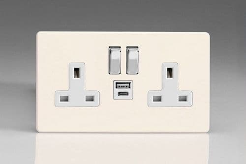 Varilight XDY5UACWS.PD Screwless Primed 2 Gang Double 13A Plug Socket 3.1A 20W USB A + C