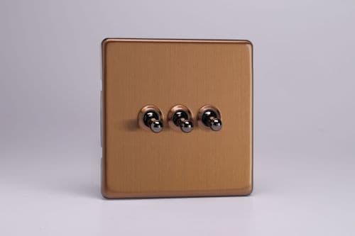 Varilight XDYT3S.BZ Screwless Brushed Bronze 3 Gang 10A 1 or 2 Way Toggle Light Switch