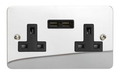 Varilight XFC5U2B Ultraflat Polished Chrome 2 Gang Double 13A Unswitched Plug Socket 2.1A USB