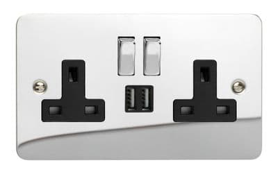 Varilight XFC5U2SDB Ultraflat Polished Chrome 2 Gang Double 13A Switched Plug Socket 2.1A USB