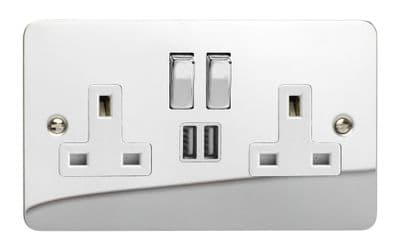 Varilight XFC5U2SDW Ultraflat Polished Chrome 2 Gang Double 13A Switched Plug Socket 2.1A USB