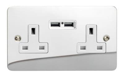 Varilight XFC5U2W Ultraflat Polished Chrome 2 Gang Double 13A Unswitched Plug Socket 2.1A USB