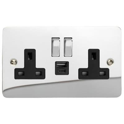 Varilight XFC5UACDB Ultraflat Polished Chrome 2 Gang 13A USB A+C Plug Socket