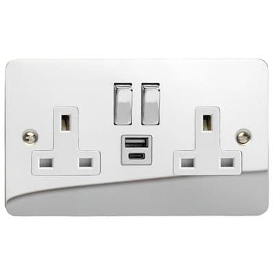 Varilight XFC5UACDW Ultraflat Polished Chrome 2 Gang 13A USB A+C Plug Socket