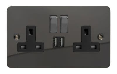 Varilight XFI5U2SDB Ultraflat Iridium Black 2 Gang Double 13A Switched Plug Socket 2.1A USB