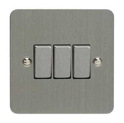 Varilight XFS3D Ultraflat Brushed Steel 3 Gang 10A 1 or 2 Way Rocker Light Switch