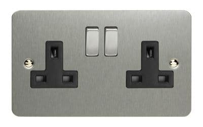 Varilight XFS5DB Ultraflat Brushed Steel 2 Gang Double 13A Switched Plug Socket