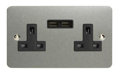 Varilight XFS5U2B Ultraflat Brushed Steel 2 Gang Double 13A Unswitched Plug Socket 2.1A USB