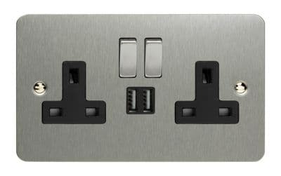 Varilight XFS5U2SDB Ultraflat Brushed Steel 2 Gang Double 13A Switched Plug Socket 2.1A USB