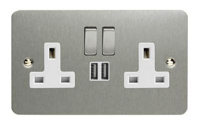 Varilight XFS5U2SDW Ultraflat Brushed Steel 2 Gang Double 13A Switched Plug Socket 2.1A USB