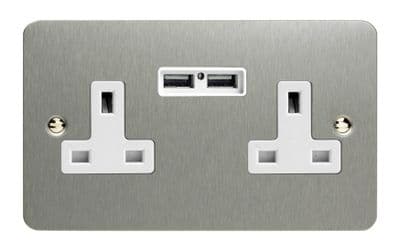 Varilight XFS5U2W Ultraflat Brushed Steel 2 Gang Double 13A Unswitched Plug Socket 2.1A USB