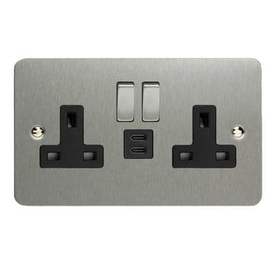 Varilight XFS5U45DB Ultraflat Brushed Steel 2 Gang Double 13A Socket + 45W USB C+C