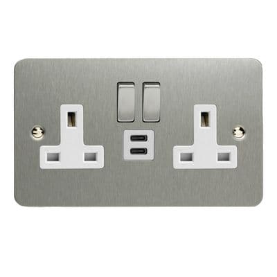Varilight XFS5U45DW Ultraflat Brushed Steel 2 Gang Double 13A Socket + 45W USB C+C