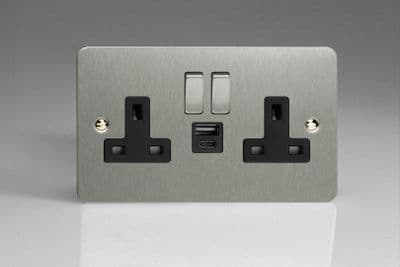 Varilight XFS5UACDB Ultraflat Brushed Steel 2 Gang 13A USB A+C Plug Socket