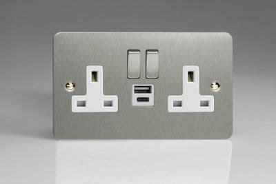 Varilight XFS5UACDW Ultraflat Brushed Steel 2 Gang 13A USB A+C Plug Socket