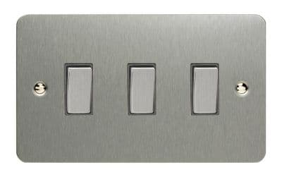 Varilight XFS93D Ultraflat Brushed Steel 3 Gang 10A 1 or 2 Way Rocker Light Switch (Twin Plate)