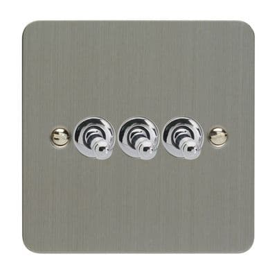 Varilight XFST3 Ultraflat Brushed Steel 3 Gang 10A 1 or 2 Way Toggle Light Switch
