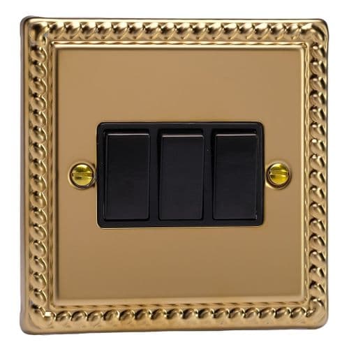 Varilight XG3B Georgian Polished Brass 3 Gang 10A 1 or 2 Way Rocker Light Switch