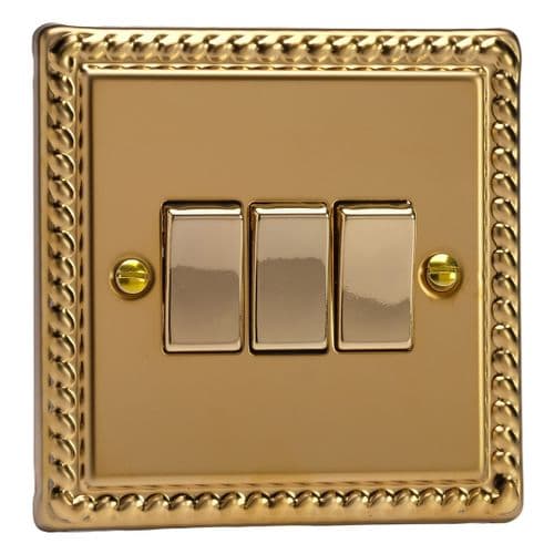 Varilight XG3D Georgian Polished Brass 3 Gang 10A 1 or 2 Way Rocker Light Switch