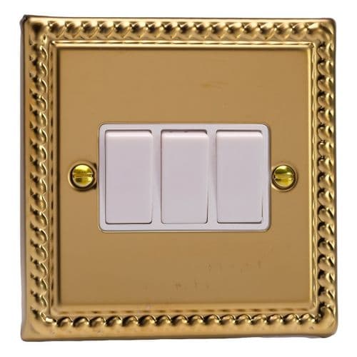 Varilight XG3W Georgian Polished Brass 3 Gang 10A 1 or 2 Way Rocker Light Switch