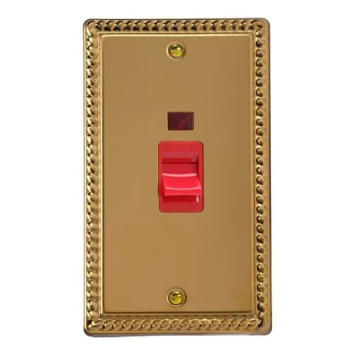 Varilight XG45N Georgian Polished Brass 45A DP Cooker Switch Vertical Twin Plate + Neon
