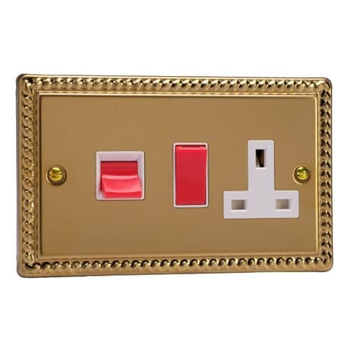 Varilight XG45PW Georgian Polished Brass 45A DP Cooker Switch + 13A Switched Socket