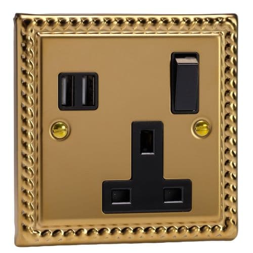 Varilight XG4U2SB Classic Georgian Brass 1 Gang 13A Single Pole Switched USB Socket