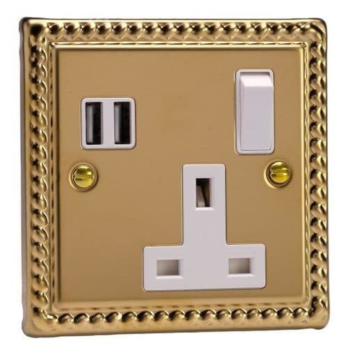 Varilight XG4U2SW Classic Georgian Brass 1 Gang 13A Single Pole Switched USB Socket