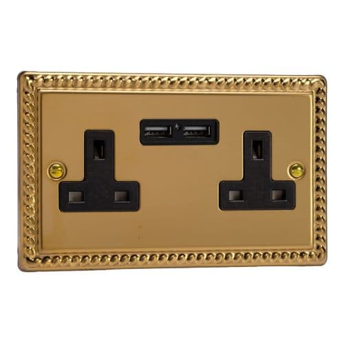 Varilight XG5U2B Georgian Polished Brass 2 Gang Double 13A Unswitched Plug Socket 2.1A USB