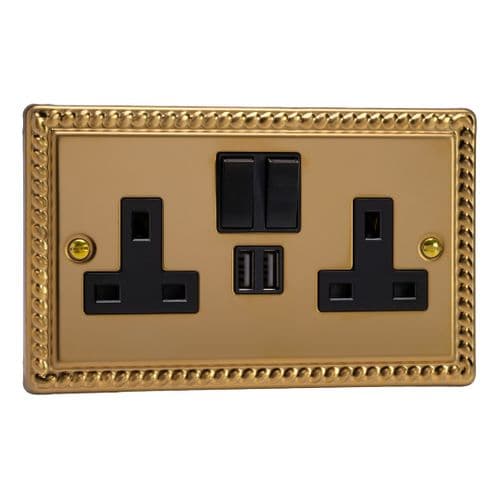 Varilight XG5U2SB Georgian Polished Brass 2 Gang Double 13A Switched Plug Socket 2.1A USB
