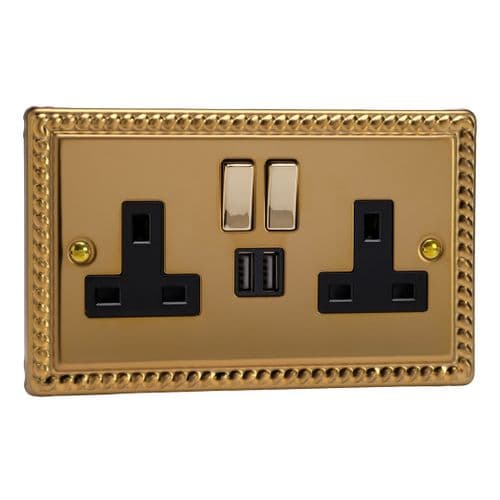 Varilight XG5U2SDB Georgian Polished Brass 2 Gang Double 13A Switched Plug Socket 2.1A USB