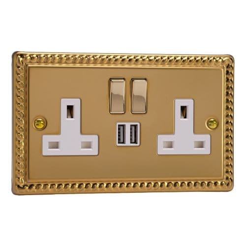 Varilight XG5U2SDW Georgian Polished Brass 2 Gang Double 13A Switched Plug Socket 2.1A USB