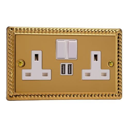 Varilight XG5U2SW Georgian Polished Brass 2 Gang Double 13A Switched Plug Socket 2.1A USB