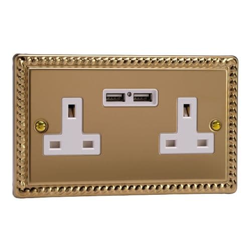 Varilight XG5U2W Georgian Polished Brass 2 Gang Double 13A Unswitched Plug Socket 2.1A USB