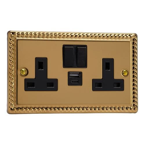 Varilight XG5UACB Georgian Polished Brass 2 Gang Double 13A Plug Socket 3.1A 20W USB A + C