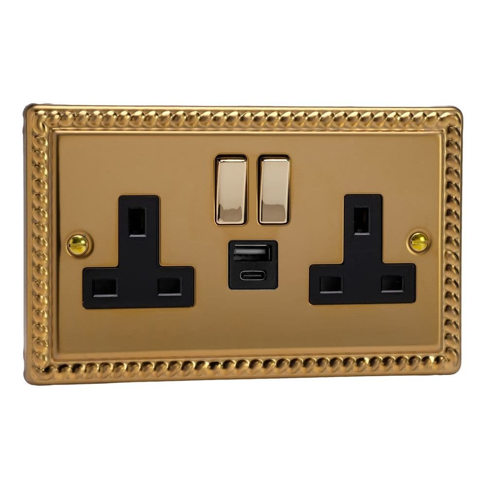 Varilight XG5UACDB Classic Georgian Brass 2 Gang 13A USB A C Plug Socket