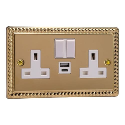 Varilight XG5UACW Georgian Polished Brass 2 Gang Double 13A Plug Socket 3.1A 20W USB A + C