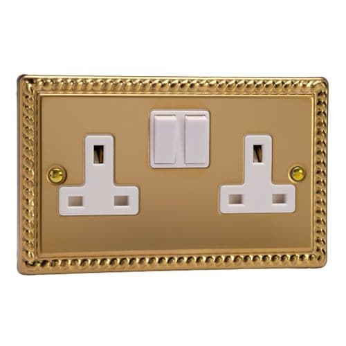 Varilight XG5W Georgian Polished Brass 2 Gang Double 13A Switched Plug Socket