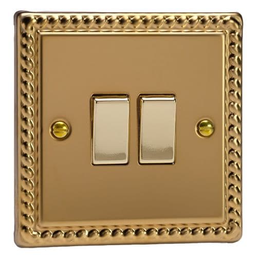 Varilight XG71D Georgian Polished Brass 2 Gang 10A Rocker Light Switch (1 x Intermediate 1 x 2W)