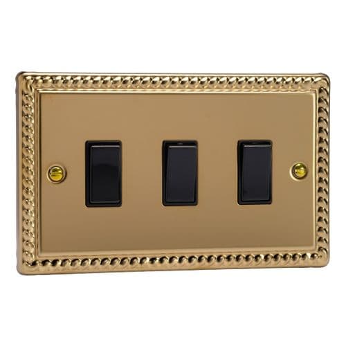 Varilight XG93B Georgian Polished Brass 3 Gang 10A 1 or 2 Way Rocker Light Switch (Twin Plate)