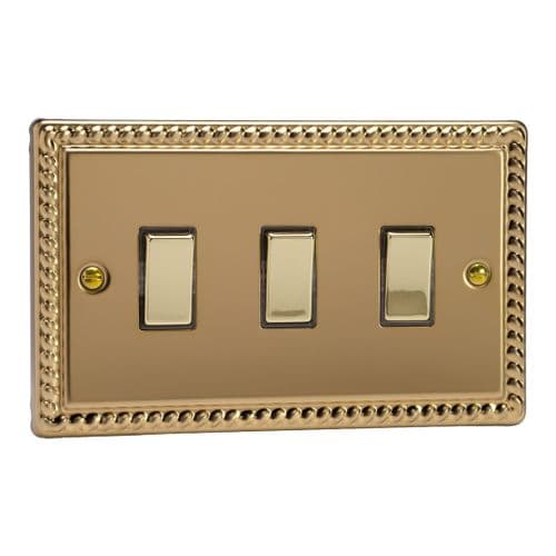 Varilight XG93D Georgian Polished Brass 3 Gang 10A 1 or 2 Way Rocker Light Switch (Twin Plate)