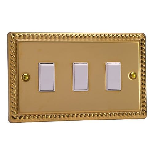 Varilight XG93W Georgian Polished Brass 3 Gang 10A 1 or 2 Way Rocker Light Switch (Twin Plate)