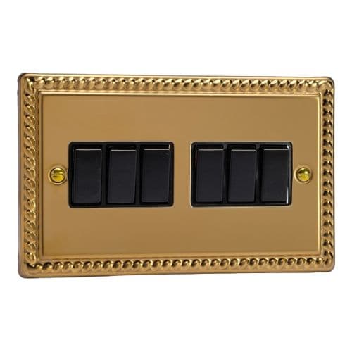Varilight XG96B Georgian Polished Brass 6 Gang 10A 1 or 2 Way Rocker Light Switch